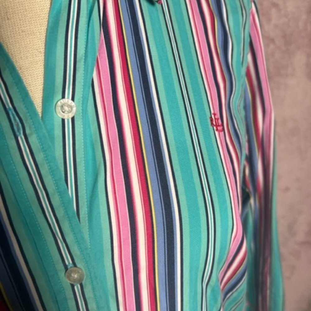Ralph Lauren Lauren Womens Blue Pink Stripped Button Down Mid Sleeve Size Medium - Picture 2 of 6